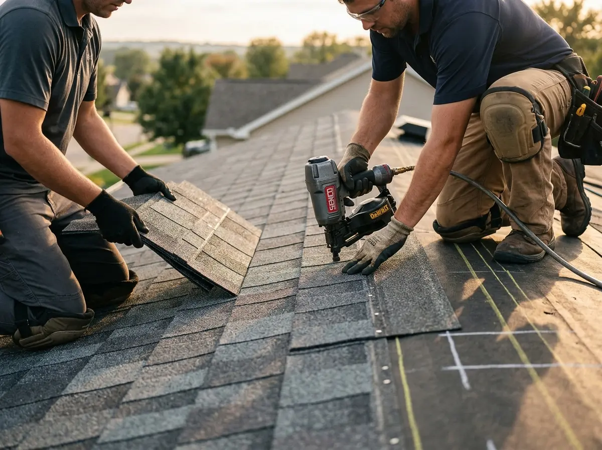 Professional roofer working on a residential roof in Randolph Town